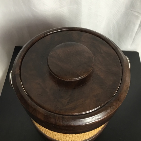 Vintage Mid Century Modern Ice Bucket Woven Sides Brown Faux Leather Trim Handle - Picture 2 of 7